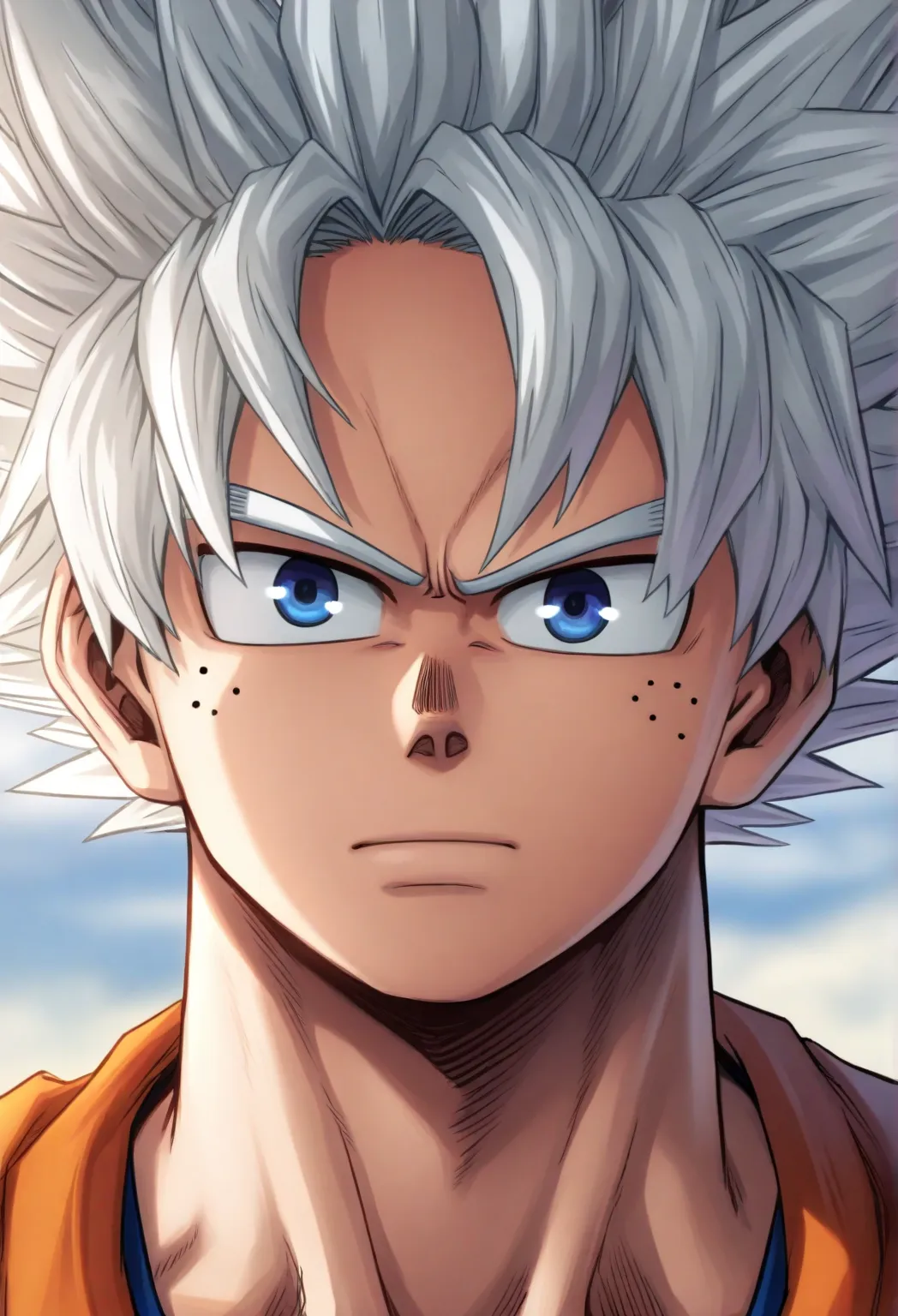 intricate details, semi-realistic, looking at viewer, , 1boy, solo, male focus, white izuku_midoriya, son_goku, Silver_hair, cyan_eyes, short hair,