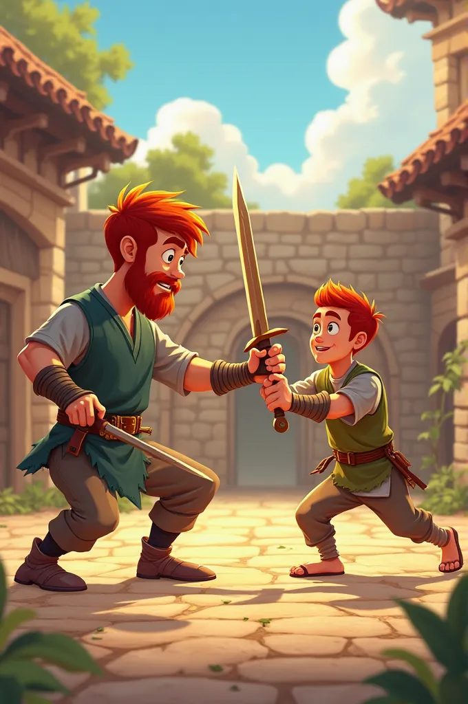 "A vibrant cartoon animation scene in a medieval training courtyard. Dariam, a 35-year-old seasoned warrior with short red hair, a neatly trimmed red beard, and a trustworthy, wise face, wearing traditional training armor, effortlessly blocks an attack wit...