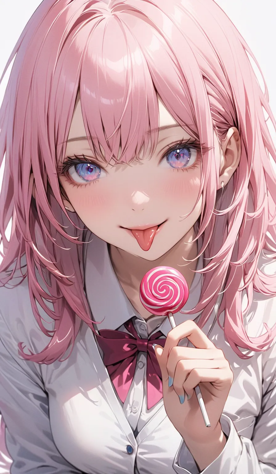 8k resolution, masterpiece, masterwork, perfect proportion, semi-realistic, focus on face, from top, 1woman, small face, busty, breasts apart:1.2, thin pink long hair:1.3, confident and proud expression:1.2, wearing a school uniform with a white lab coat, ...