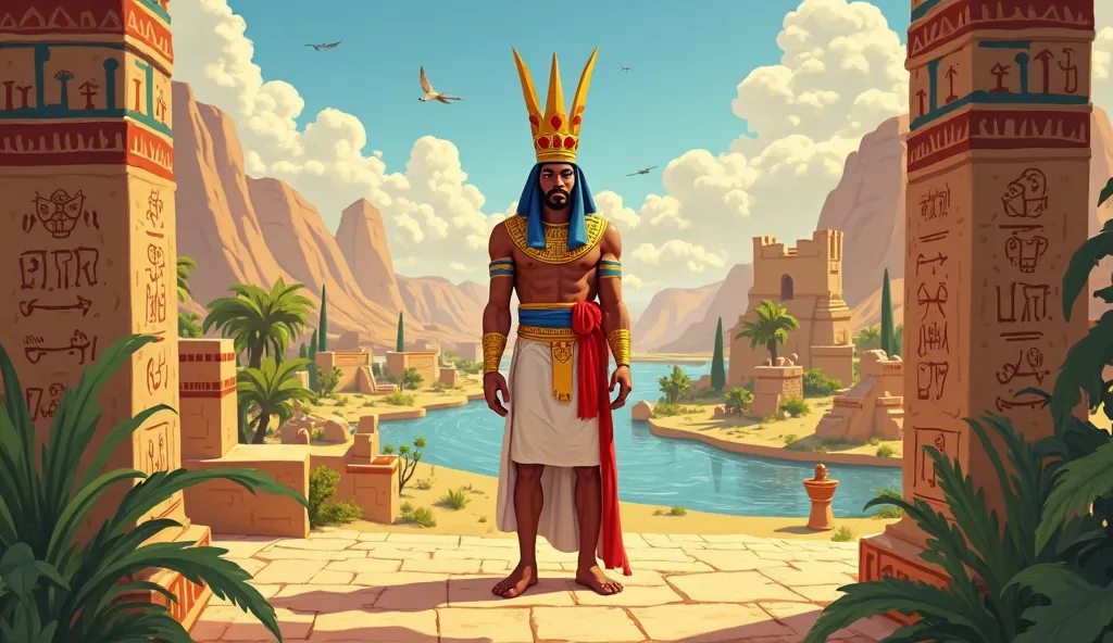 Scene: Animated scene showing the unification of Upper and Lower Egypt, with King Narmer wearing both crowns (white and red crowns) to symbolize the unity.