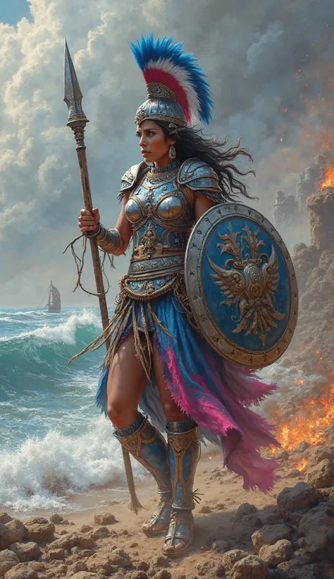 A fierce warrior from Espírito Santo, mixing indigenous and European traits. His armor, in the blue, white and pink colors of the state flag, is elegant but battle-worn. She wields a long spear, on a battlefield near the Atlantic coast, with waves crashing...