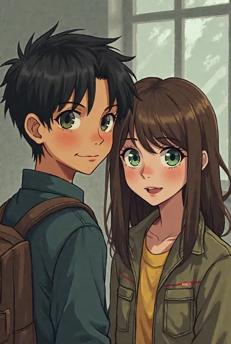 Create an image to post with real characters from the following:
In the reception office of the University of Palermo in Buenos Aires in 1995, a black-haired boy and a slightly disheveled girl with brown hair with green eyes are seen in front