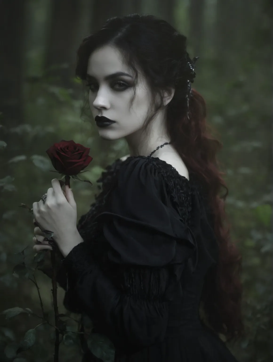 a close up of a woman holding a black rose in a forest, dreamy gothic girl, she is the queen of black roses, gothic girl, gothic aesthetic, gothic maiden, dark fantasy mixed with realism, an elegant gothic princess, romanticism portrait, black rose, goth g...