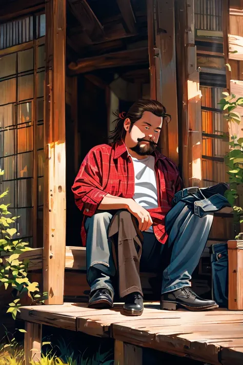 A slightly overweight man,  defined arms, Some beard threads to do on the chin, slightly messy long brown hair with a ponytail, A red plaid shirt,  jeans, black boots