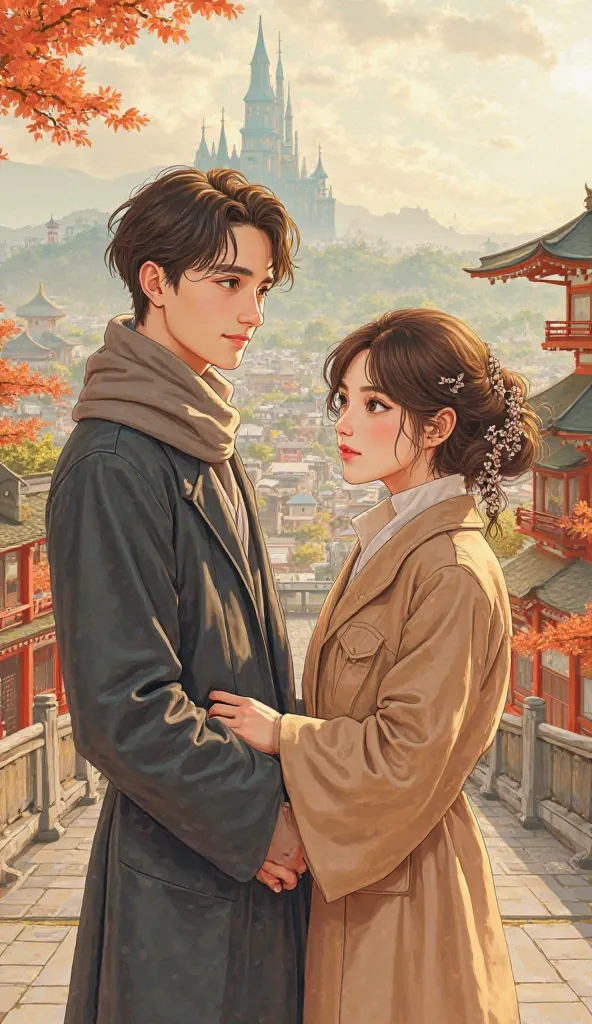 「while maintaining a realistic atmosphere、two people drawn in a soft illustration style。The background is a castle cityscape with a fantasy atmosphere、or a traditional Japanese golden temple。using a warm color palette、with soft light and shadow expressions...