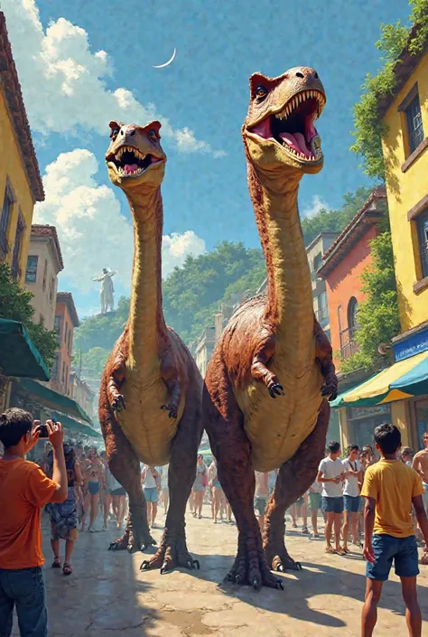 Create an image of two dinosaurs walking in Rio de Janeiro Brazil , people taking pictures