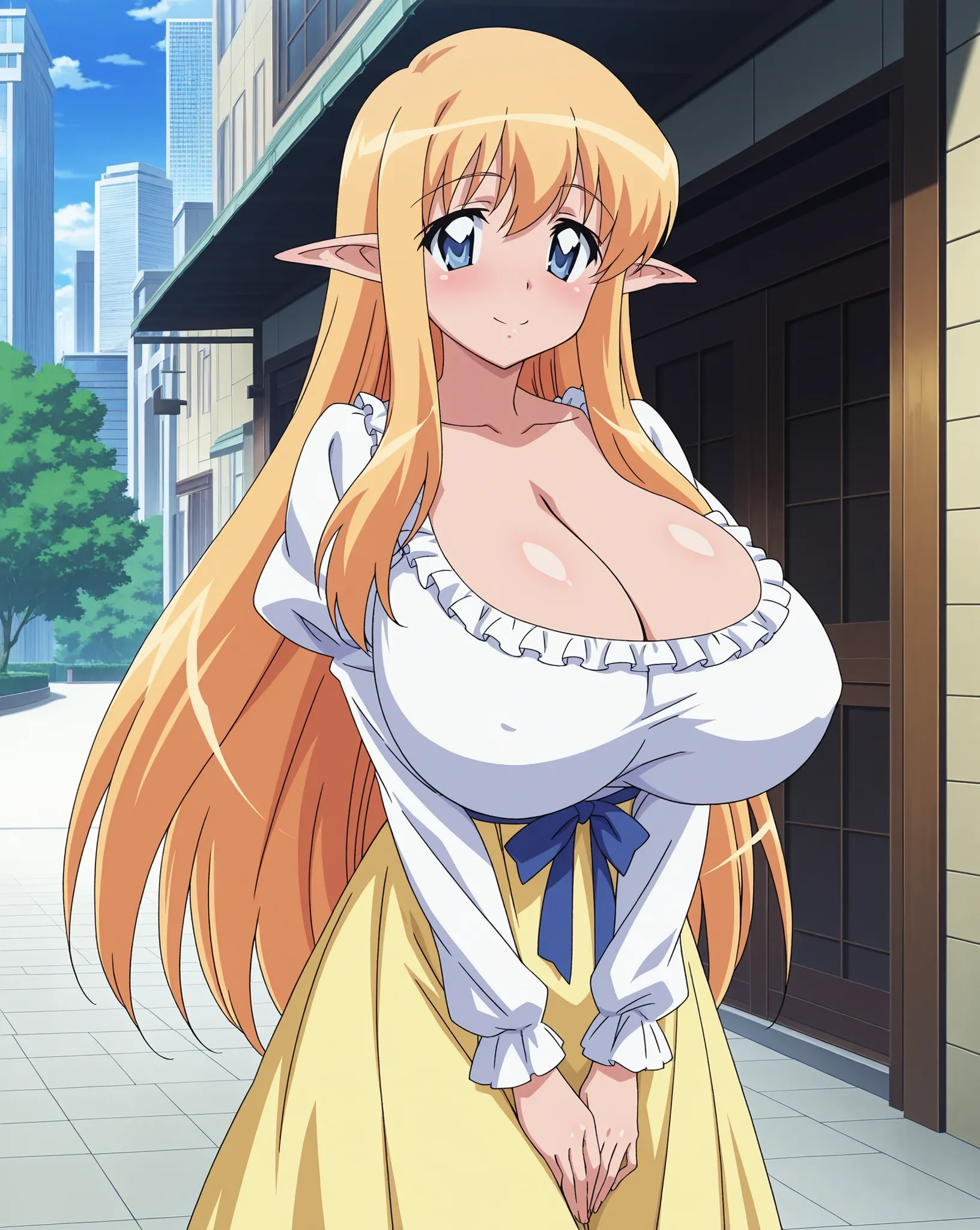 score_9, score_8_up, score_7_up, source_anime, anime coloring, anime screencap, 1 girl, solo, Tiffania Westwood (zero no tsukaima), elf, blonde hair, round hair, blue eyes, loving smile, white beautiful skin, gigantic breasts, cleavage, standing, hands on ...