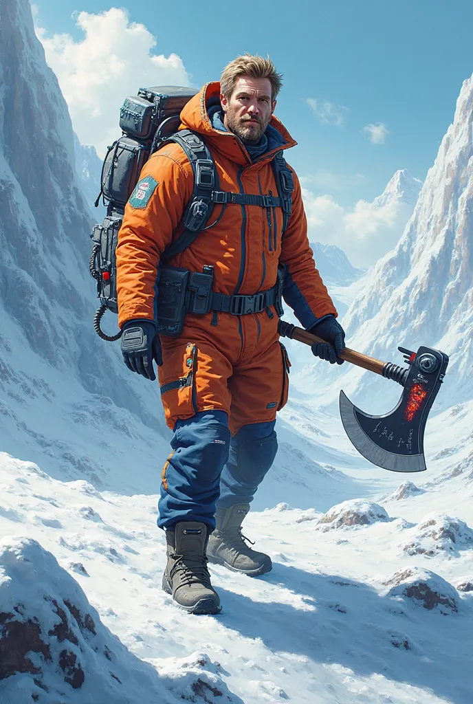 Anime Man. With light brown hair. An orange and blue Antarctic expedition outfit. And a red cybernetic axe