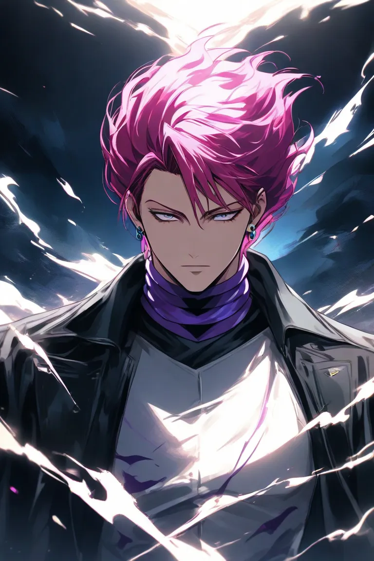 ((profile、 expressionless、Point slightly upwards))、 male、Short Hair、portrait、hunter、Hisoka、aura