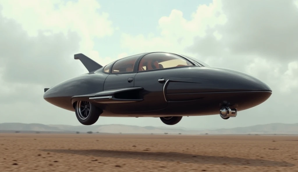 A futuristic 2025 flying car by Alef Aeronautics hovering above the ground in an open field. The sleek, black design resembles a modern automobile, with a bubble-like cockpit and smooth, aerodynamic curves. The vehicle's wheels are visible but retracted sl...