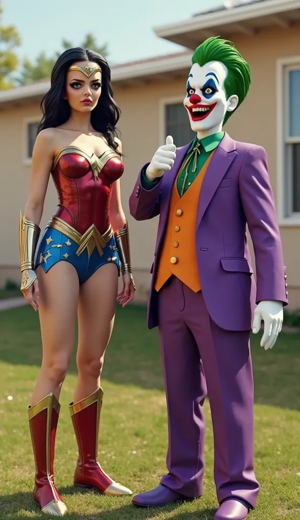 Two individuals in costumes standing outdoors on a stretch of grass with a beige house in the background. The woman on the left is dressed as a superhero, wearing a costume metallic steel-plated finish with red, blue, and gold , and a headdress resembling ...