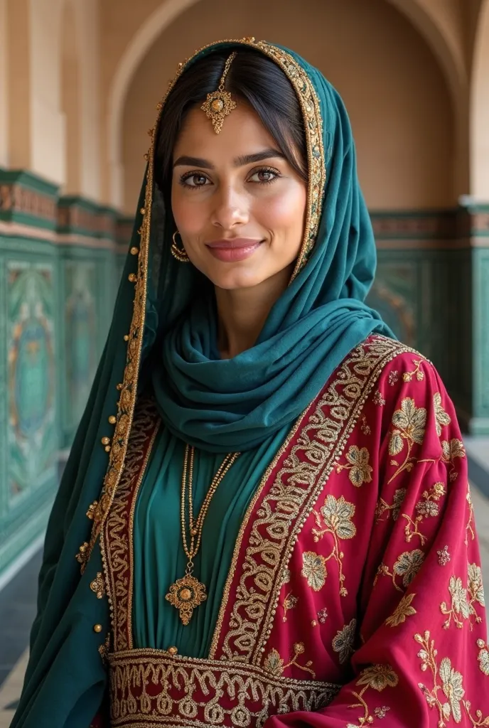 A highly detailed and realistic portrait of an Indonesian woman wearing an elegant Moroccan-inspired hijab outfit. Her hijab is adorned with intricate Moroccan patterns, featuring rich and vibrant colors like deep blue, emerald green, ruby red, and gold. S...