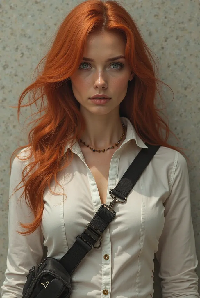 Red-haired long-haired woman wearing a white shirt and holster