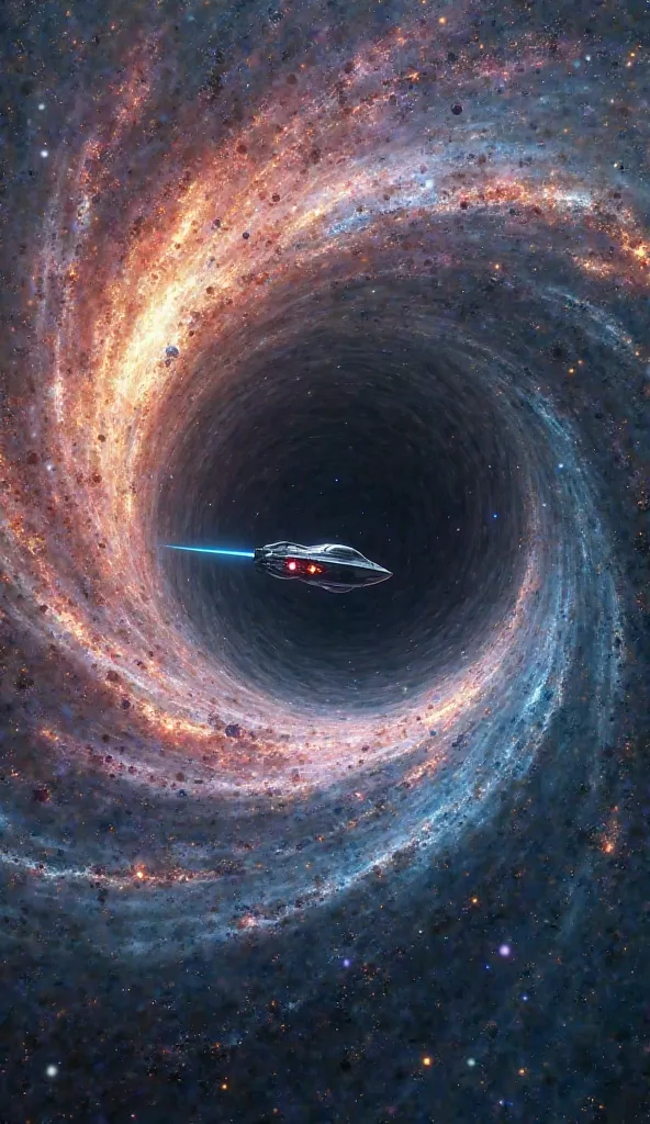 Fantasy black hole and galaxies with a ship in the center 