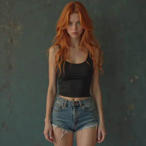 A young woman of Russian nationality with long copper blonde hair, sky blue eyes, with a serious and moody look, wearing short shorts, a 25-year-old black top and converse only on the face