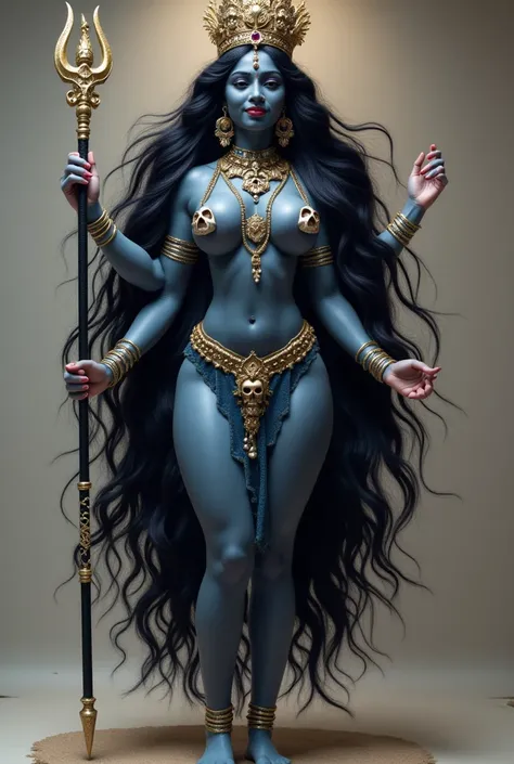 Hindu crowned goddess kali standing full body naked wearing a garland of big skulls, long wild flowing black hair to the knees, tangled and slightly windblow, dark blue skin with four arms holding a trident and smiling