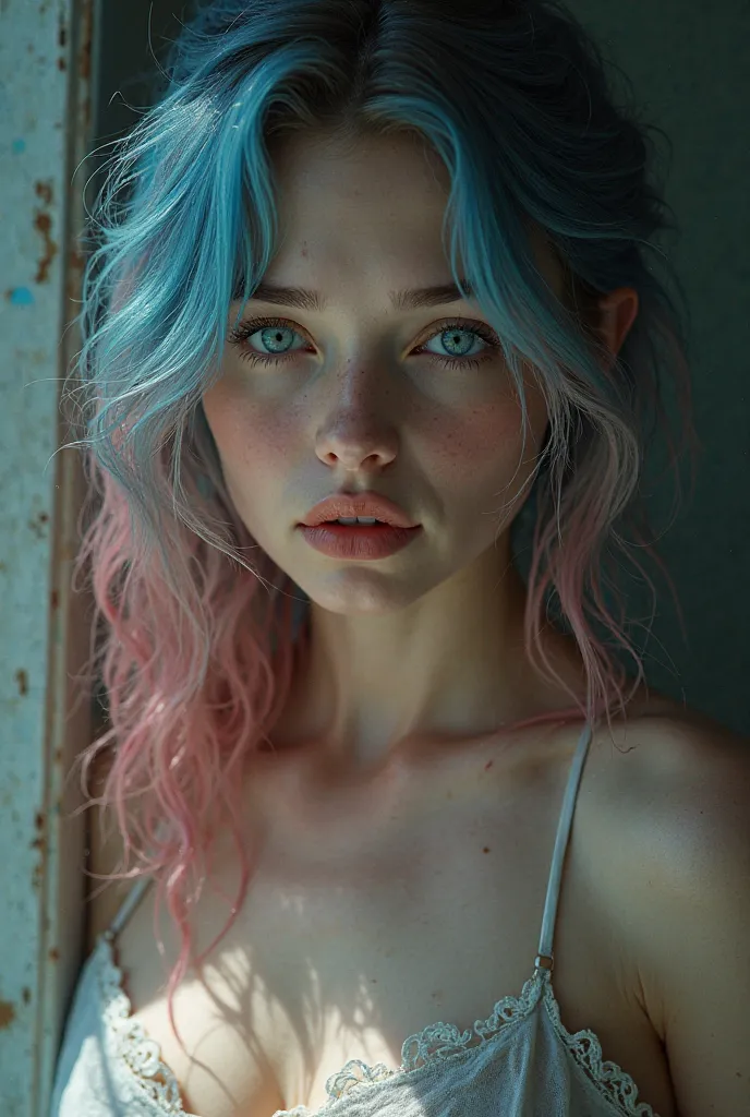 super realistic style,  Young Girl, 20 years,  blue and pink hair ,  pale skin , parts, green eyes,  nude, NSFW,  in the room  