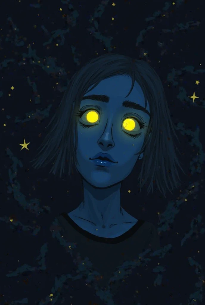 1 ,  Yellow Eyes,  blue skin , night, dark,  alone, bioluminescent nature, Mouth closed plus, score_9, score_8_above, score_7_above, score_6_above, 2D, Digital Art, masterpiece, expressive dramatic lighting g0th1cpxl