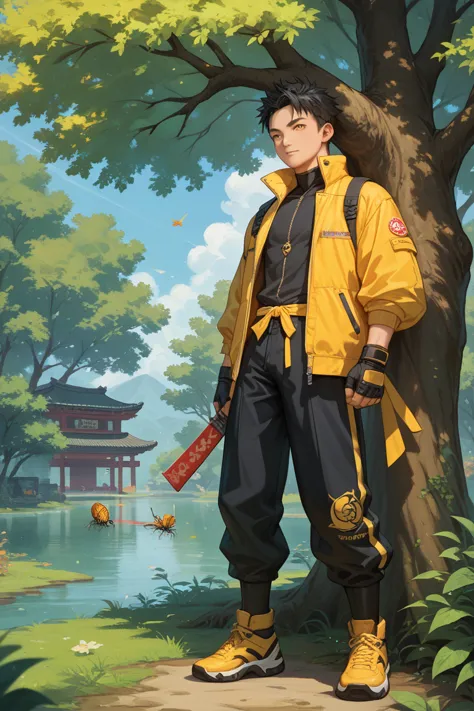 Full hd ,ninja, a asian tall men , straight black hair , wear long black yellow twotone high neck jecket close half face ,two hand in jacket,wear yellow goggle,a few insects, naturo anime style ,full body , on big tree