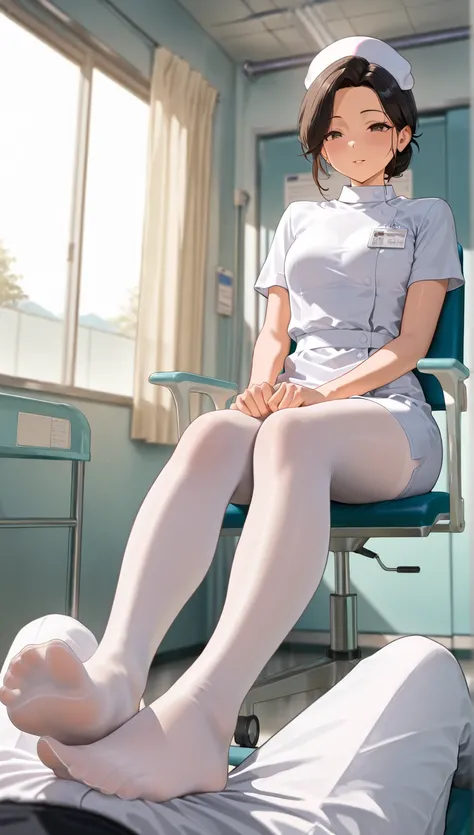    masterpiece   ,   rolled up ,    amazing quality ,    very aesthetic,  Feet on Lap of Man, tease, high resolution ,  ultra-detailed, absurd, latest , 1 woman, reif,  beautiful woman,mature woman, Nurse, no hat, white pantyhose, hospital room, save her, ...