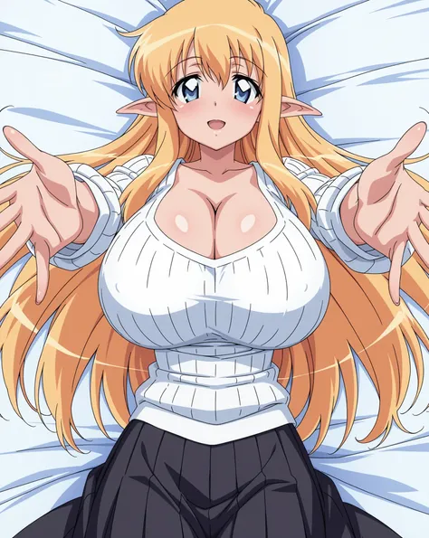 score_9, score_8_up, score_7_up, source_anime, anime coloring, anime screencap, 1 girl, solo, Tiffania Westwood (zero no tsukaima), elf, blonde hair, round hair, blue eyes, loving smile, white beautiful skin, gigantic breasts, cleavage, laying on bed, inco...