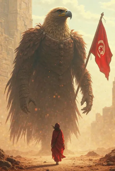 A beautiful  Arab girl walks in front of a giant man headed by an eagle and carrying the Tunisian flag