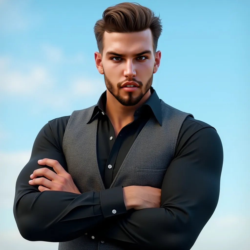 Transformed into a realistic photo, the image features a male character with a strong jawline, short brown hair styled neatly, and a well-groomed beard. He has intense blue eyes and a confident, serious expression. He is wearing a black button-up shirt wit...