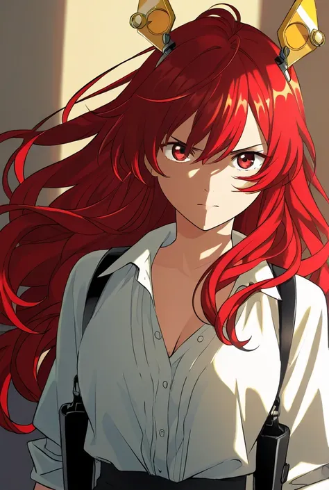 Red-haired long-haired woman wearing a white shirt and holster、The moment a mouse takes off its headgear