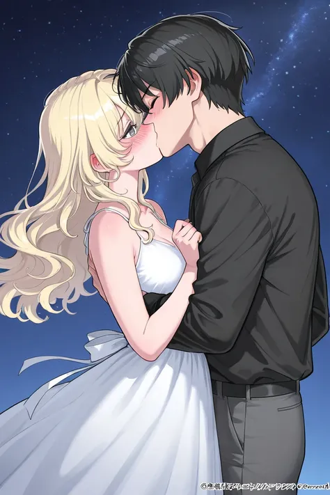 Tall 23 year-old boy with Black hair, light cold gray eyes, bad tempered but blushing, wearing black clothes and a 21 year-old girl with blonde LONG wavy hair and she has shiny blue eyes like stars in a magic land wearing a bright delicate dress. She's dyi...