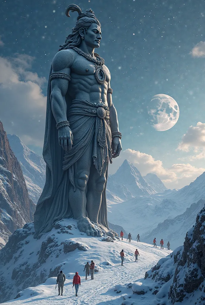 (photorealism:1.2), A massive, hyper-realistic stone statue of muscular Lord Shiva holding trishul (trident) in one hand with intricate details, including the third eye, crescent moon, and matted hair. The statue is set against a dramatic night sky filled ...