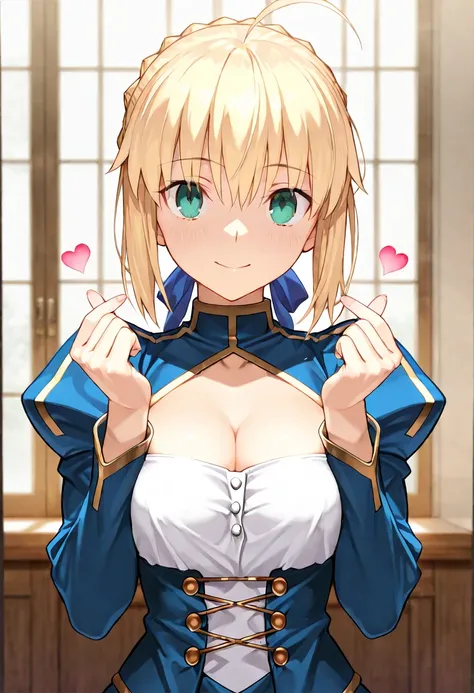 masterpiece,amazing quality,best quality,ultra-detailed,8k,illustration,CG, Please tell me about 1 beautiful girl , 1girl , Saber by Fate,  Chest Valley,nsfw,（:1.3 finger heart）