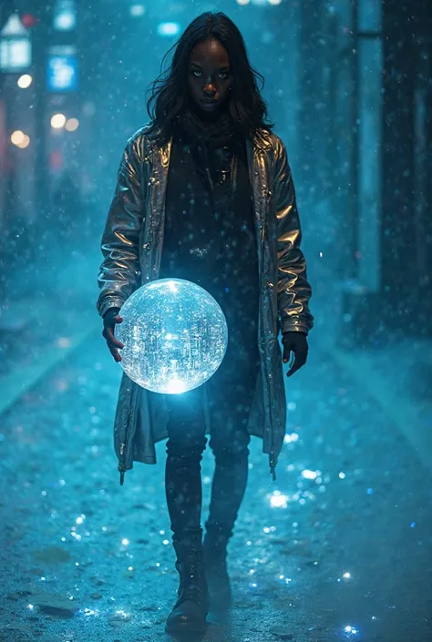  concept: A black model holding a silver crystal ball, where a brilliant futuristic city is reflected. He wears a metallic jacket, and her eyes shine as if she already knew everything that is going to happen.
extra: The surrounding floor is covered with bl...