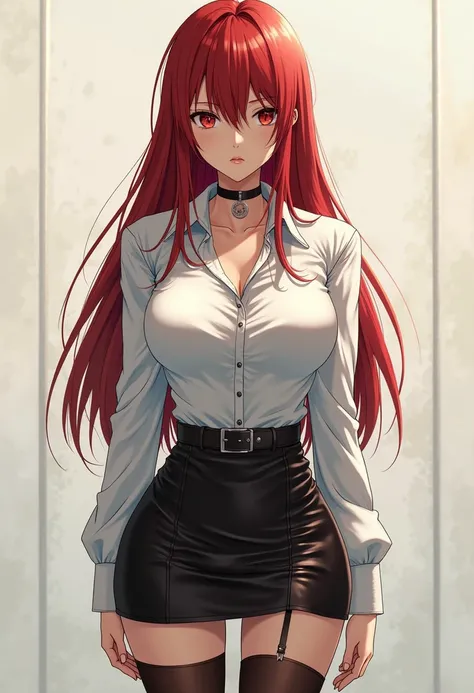 Makima from Chainsawman, red hair, wearing a White shirt with top two buttons open, medium sized breasts. A leather skirt, thigh high stockings. Curvy sexy body. 