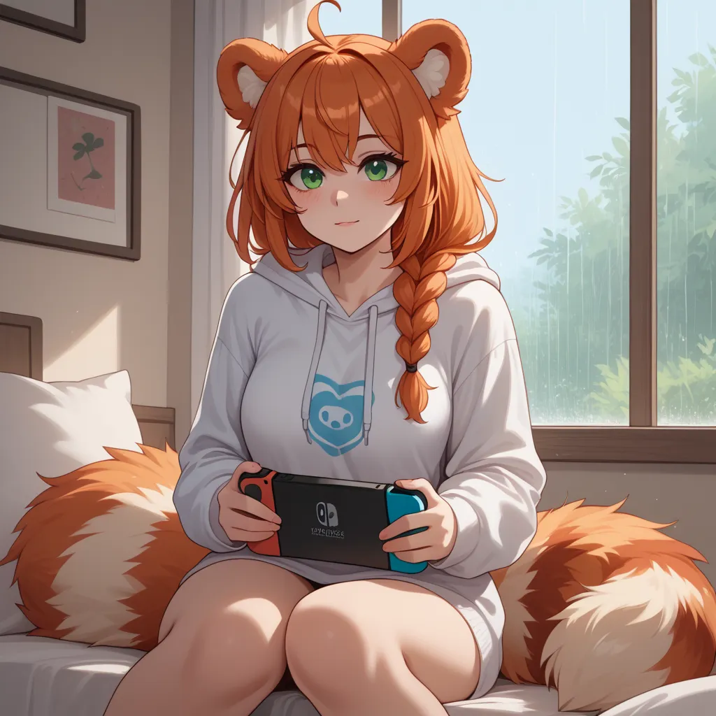 (Masterpiece) (High Detail) (High Res) A short curvy slim Humanoid red_panda Female with tanned human skin and bright green eyes and long braided orange hair and fluffy orange red_panda ears and a long fluffy red_panda tail and medium breasts. She is sat i...