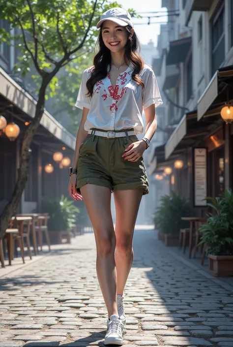 photo realistic, hyper realistic
high quality
high resolution

20 year old Japanese woman.
beautiful, tall and thin, happy, smiling, wearing makeup,
wearing a modern watch, a white blouse with a red design, tight military shorts, a white belt, white sneake...