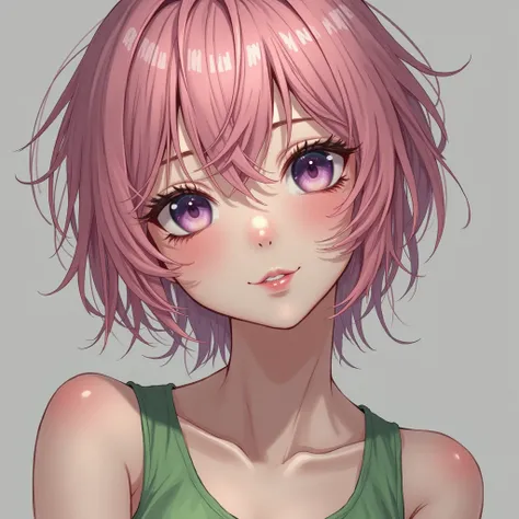 (masterpiece,  Top quality ), intricate details,  thin, (( thin)), Beautiful Girl,  Light Pink Hair, Short Hair, white skin,  light purple eyes, green tank top, messy hair,  full lips, upper body,  close,  smile