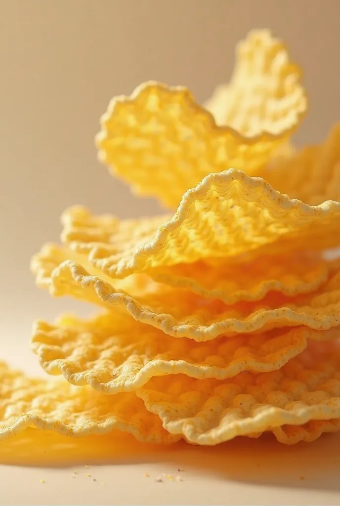 A stack of golden, crispy, ridged potato chips piled on top of each other. The chips have a wavy texture, a slightly oily sheen, and a rich yellow color. The top chips are slightly tilted, giving a sense of movement. The background is clean and minimalisti...