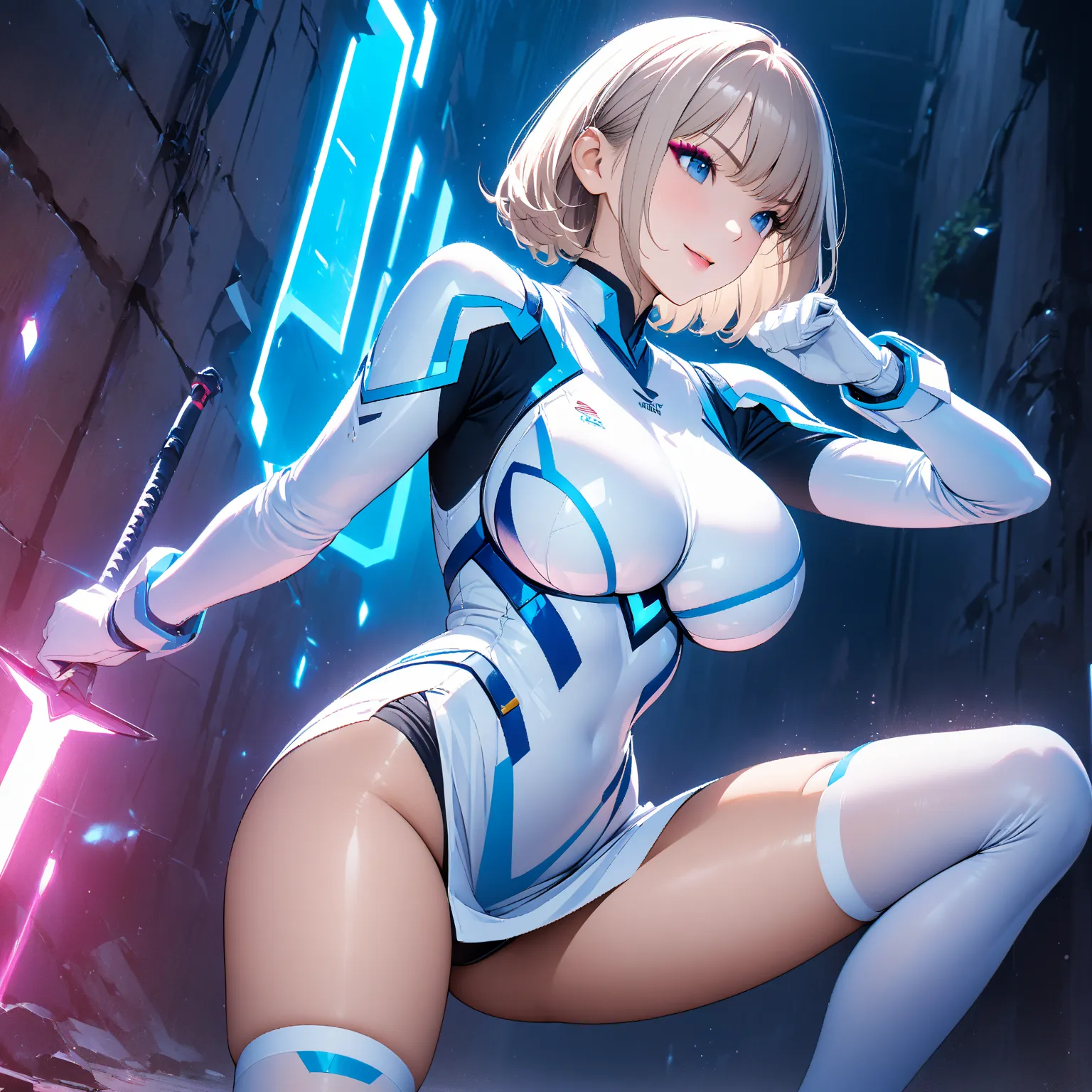 beautiful girl 、Age 30、Highest quality、 super precise、Detailed view、Blue light、night、wall、 Standing posture 、full body、fighting pose、True Face、sharpness、 white and blue futuristic suit、 bikini、 miniskirt、 white beauty around her thighs 、 Bound shoulders  、...