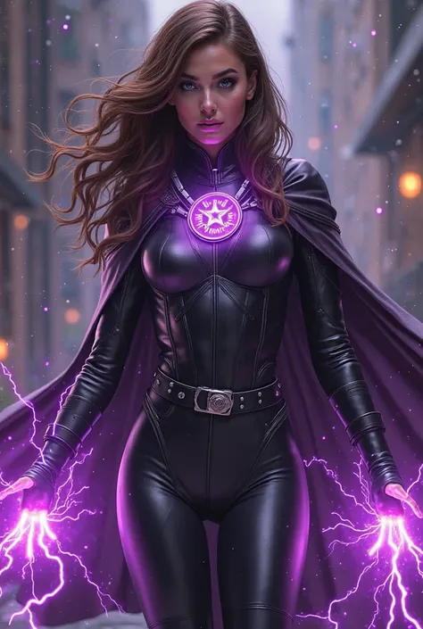 A girl about 26 years old in a suit (body) in tight leather with cape and knee-length black boots with a band on her thigh, slightly wavy long brown hair and brown eyes with purple sparkles with a large electric necklace around her neck and on her hands a ...