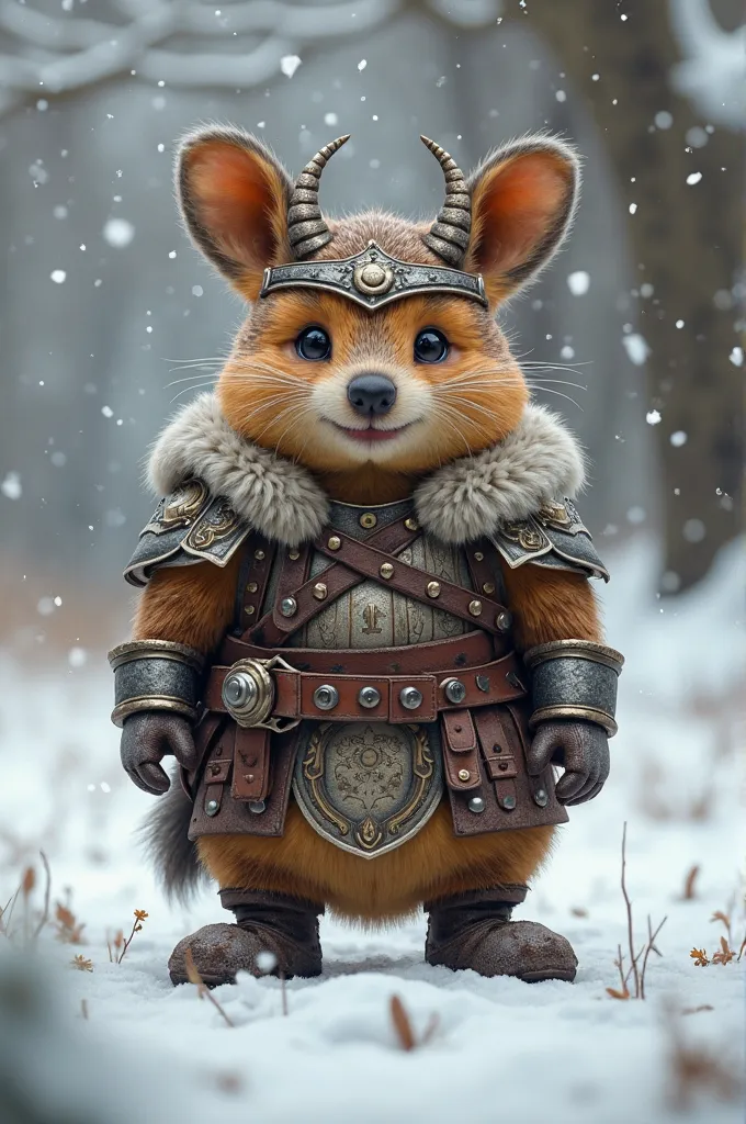 A small quokka in Viking armor and in winter