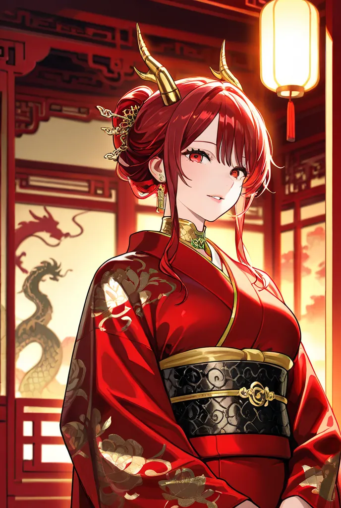 Dragon Beauty， red kimono ，Sexy，Dragon Horn， mature， Chinese architecture 