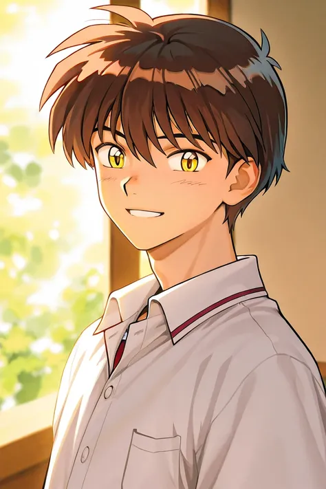 One boy. A tall handsome 18 years old boy with brown short hair, light cold Golden eyes, wearing blue school uniform. The boy is confident. Smiling. Inuyasha manga art style. 