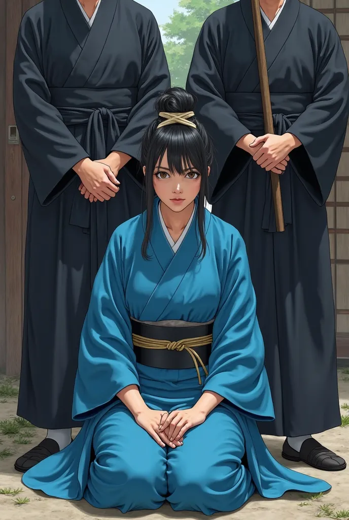 （realistic）woman in bright blue kimono、A female prisoner wearing a blue kimono is sitting outside。The female prisoner's hair is tied, Two men in black kimonos（Ding）she stands behind the female prisoner and holds a long wooden stick。 The female prisoner's w...