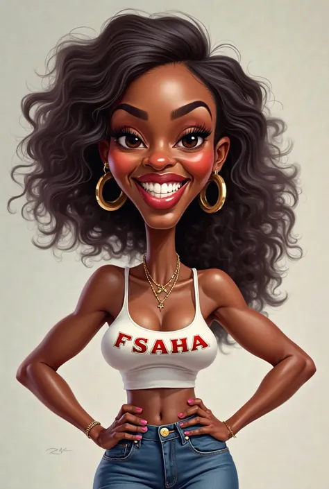 Généré pour moi une belle negresse caricature  ou il y a le Nom FSAHA marqué quelques part soit dans ses vêtements,qui est entrain de sourire,et qui a une belle posture,les mains dans les Hanches 