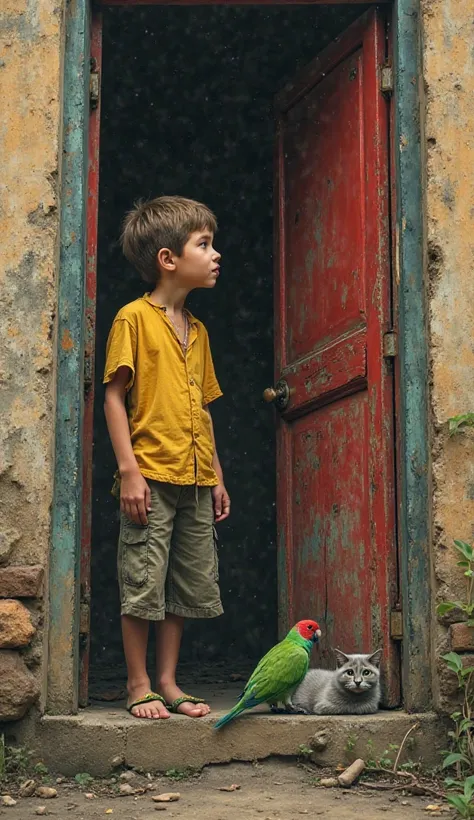  generate image  (HD) #realistic.(SeaArt Infinity ) ( #colorful realism (creative scale . **detail and effect to the maximum**) (vibrant colors:) 
 A very poor boy in his yellow shirt, old and broken standing and cluttered on an old and mothless red wooden...