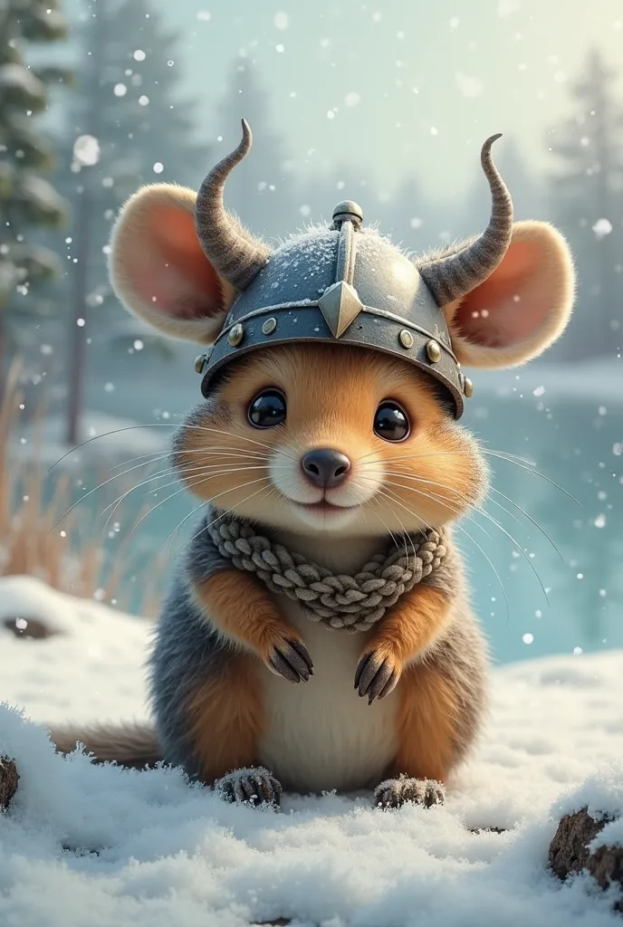 A small quokka with a Viking helmet and in winter