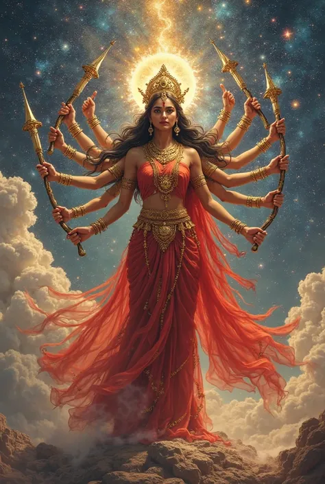 Create an image of crowned maa adi parashakti standing full body in red saree with full jewellery, ten arms holding different types of weapons in the universe 