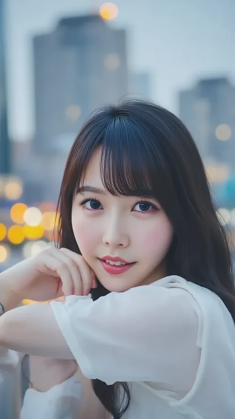 「against an urban cityscape、Portrait of a Japanese woman wearing casual clothes。Skyscrapers and city lights blurry in the background、slightly cool and modern vibe。Simple hairstyle、staring at the camera with a cool gaze。」
