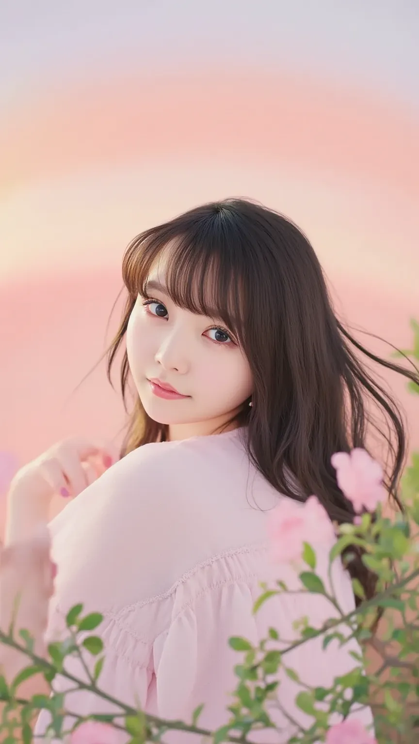 「 at dusk 、Her hair fluttering in the wind against a soft pink and orange sky、portrait of a Japanese woman looking into the distance。She wears a light-colored dress、creates a fantastic atmosphere。with slightly blurred flowers in the background。」