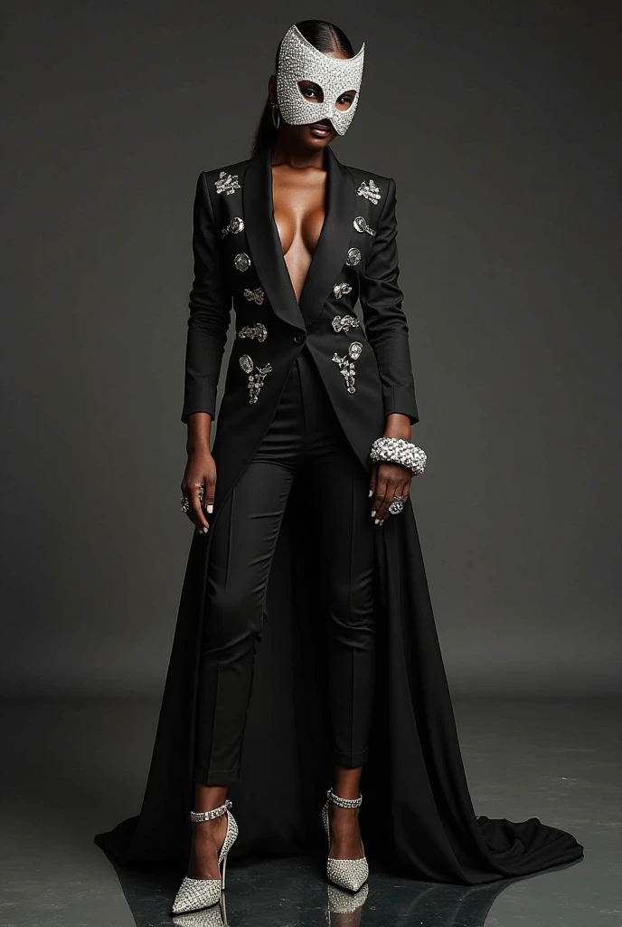 The black model wears a perfectly cut black tuxedo, but the accessories are completely covered by diamonds, including a mask that covers half of her face, a bracelet and giant rings.
extra: The studio floor is a mirror,  reflecting her brightness , as if i...